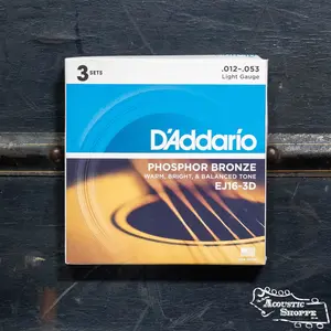 D'Addario EJ16-3D Phosphor Bronze Acoustic Guitar Strings, Light, 3 Sets