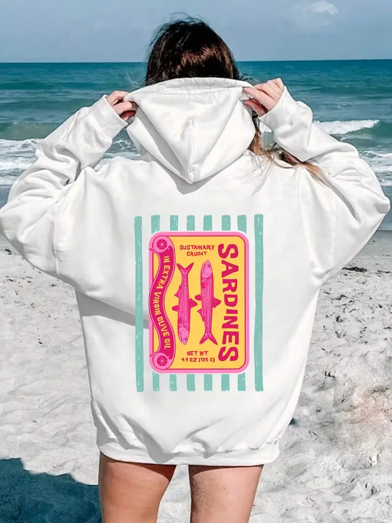Sardine'S Printed Hoodie Features a Fun Retro Design, Perfect for Women'S Beach Picnics And Casual Outdoor