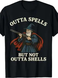 Outta Spells But Not Outta Shells Wizard Fantasy Meme T-Shirt | Fashion Boutique, Casual Wear, Crew Neck, Vintage Style, Regular Fit, Slight Stretch Fabric, Drawing Pattern, Perfect for Adults