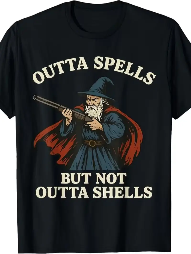 Outta Spells But Not Outta Shells Wizard Fantasy Meme T-Shirt | Fashion Boutique, Casual Wear, Crew Neck, Vintage Style, Regular Fit, Slight Stretch Fabric, Drawing Pattern, Perfect for Adults