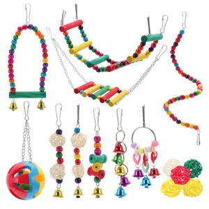 VOCOSTE Cockatiel Toys, Bird Parrot Swing, Chewing Toy Set, Pet Birds Toys for Parakeet Conures Finches, 15 Pcs Multifunctional Hanging Bell Climbing Ladders
