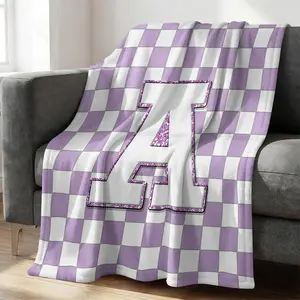 Trendy Preppy Purple Checkerboard Initial Flannel Blanket, Soft Plush Throw Blanket, Cozy Warm Checkered Grid Print Blanket,Perfect for Couch, Bed, Sofa, Camping, Travel, Gift for Girls Teens Women Daily Use