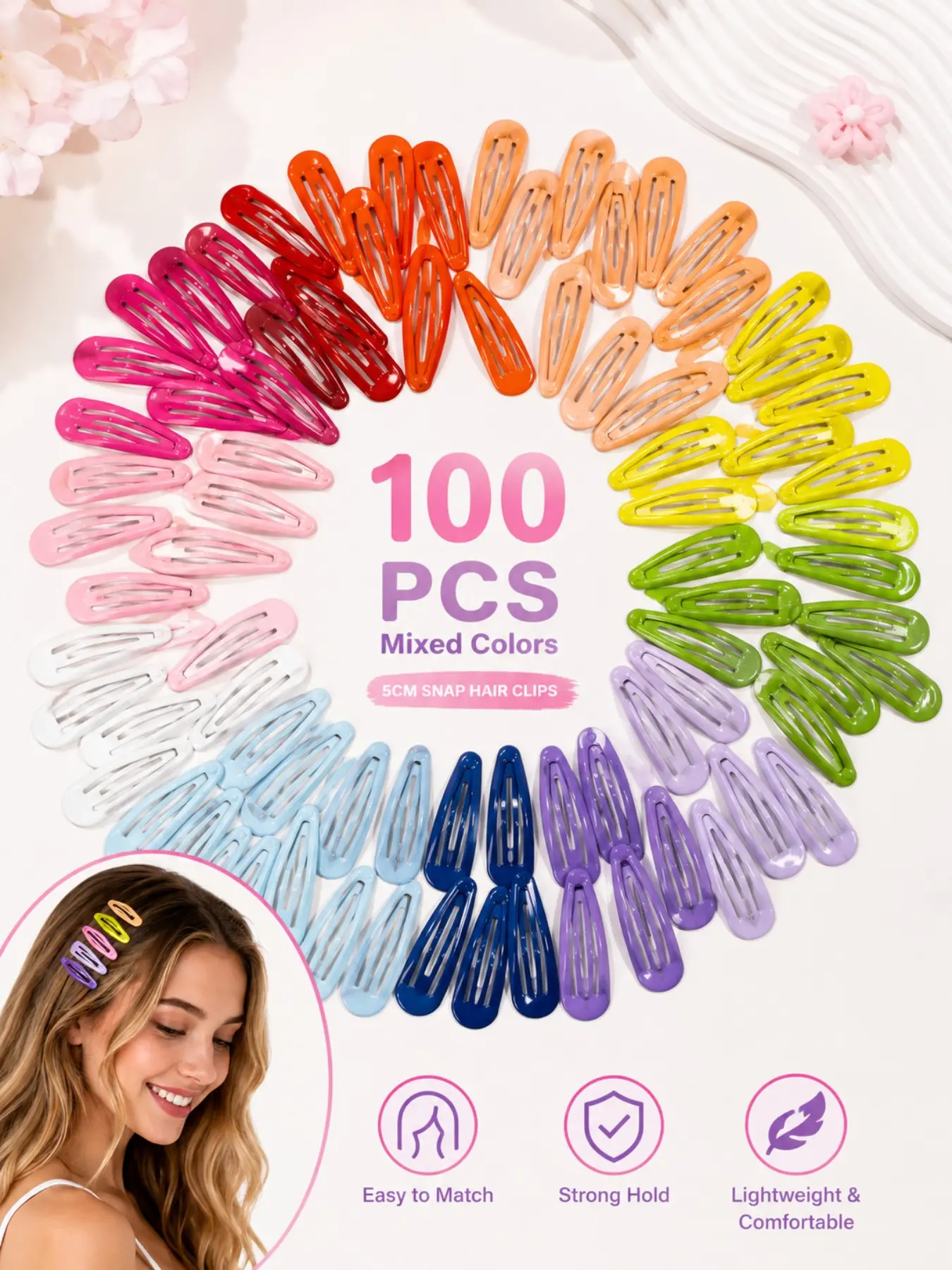 100PCS 5CM Mixed Color Snap Hair Clips, Glossy Non-Slip Metal Barrettes, Strong Hold Hair Accessories for Kids & Girls, Daily Use & Hairstyle DIY, Flat Clips