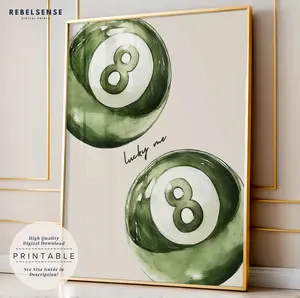 8 Pool Ball Print, Sage Green Lucky Me Poster, Apartment Wall Art, Retro Poster, Maximalist Wall Art, Preppy Posters, Aesthetic Poster (UNFRAMED)