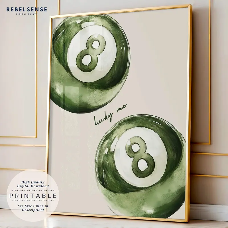 8 Pool Ball Print, Sage Green Lucky Me Poster, Apartment Wall Art, Retro Poster, Maximalist Wall Art, Preppy Posters, Aesthetic Poster (UNFRAMED)