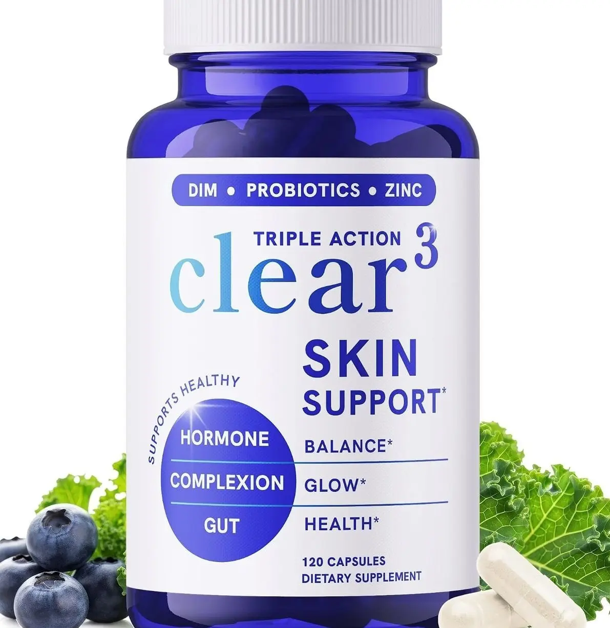 Clear Skin Supplement with Zinc, DIM & Probiotics | 3-in-1 Hormone, Gut & Complexion Support | Triple Action Hyaluronic Acid, Niaciminide & Vitamins for Skin Balance, Glow & Health Support | 120 Ct