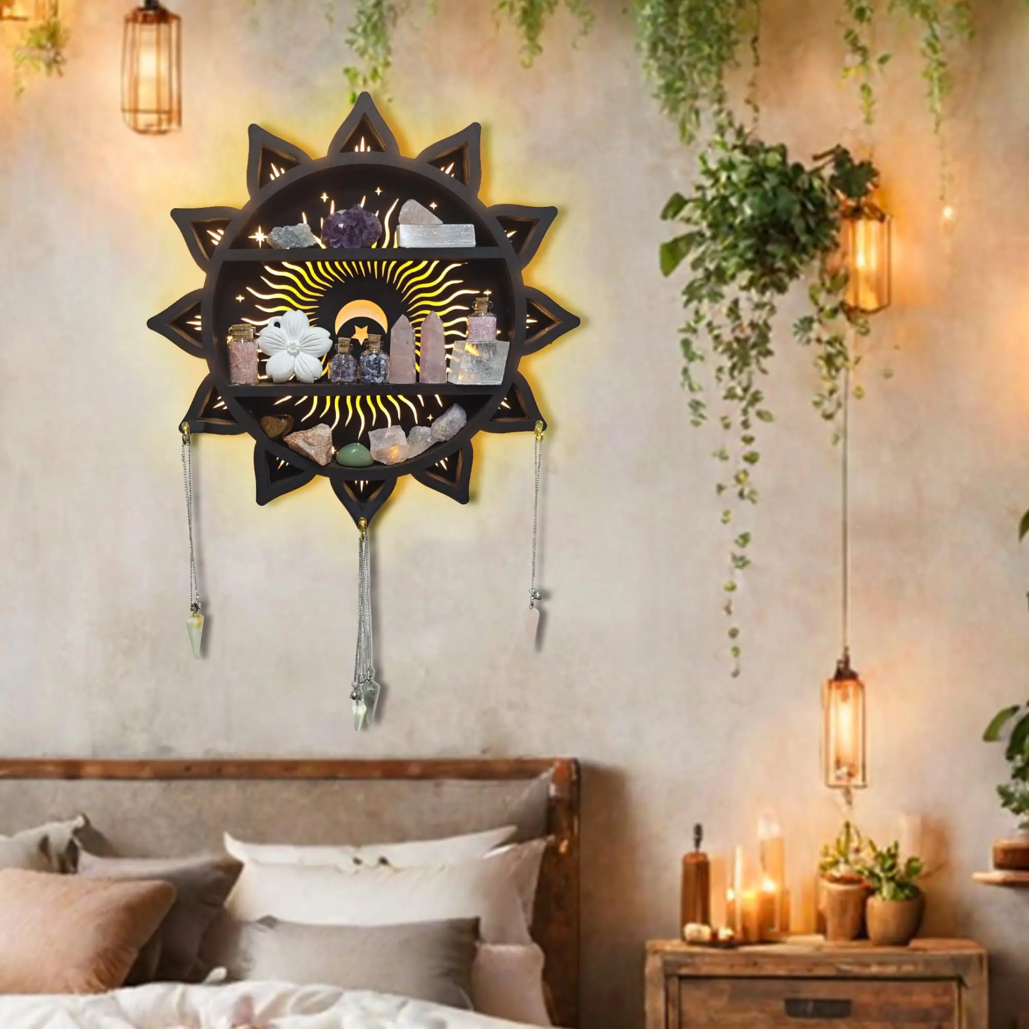 FNYDOX Crystal Shelf Display for Wall Chakra Wooden Lotus Flower Crescent Moon Shelf Wall Decor Boho Hanging Organizer for Home Decor