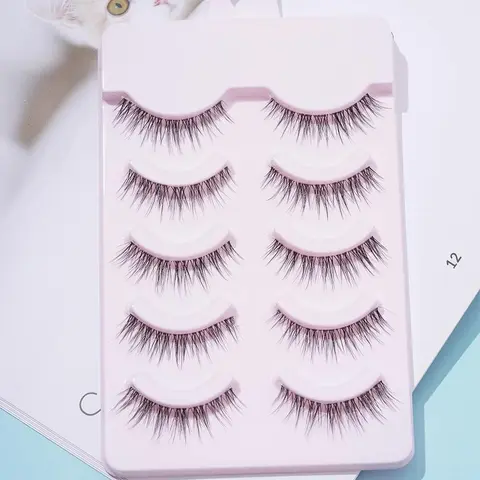 5 Pairs Natural Look Lightweight False Eyelashes, Wispy Clear Band Faux Cluster Lashes, Fish Tail Shaped Curling Eye Makeup Lashes Strip, Pack
