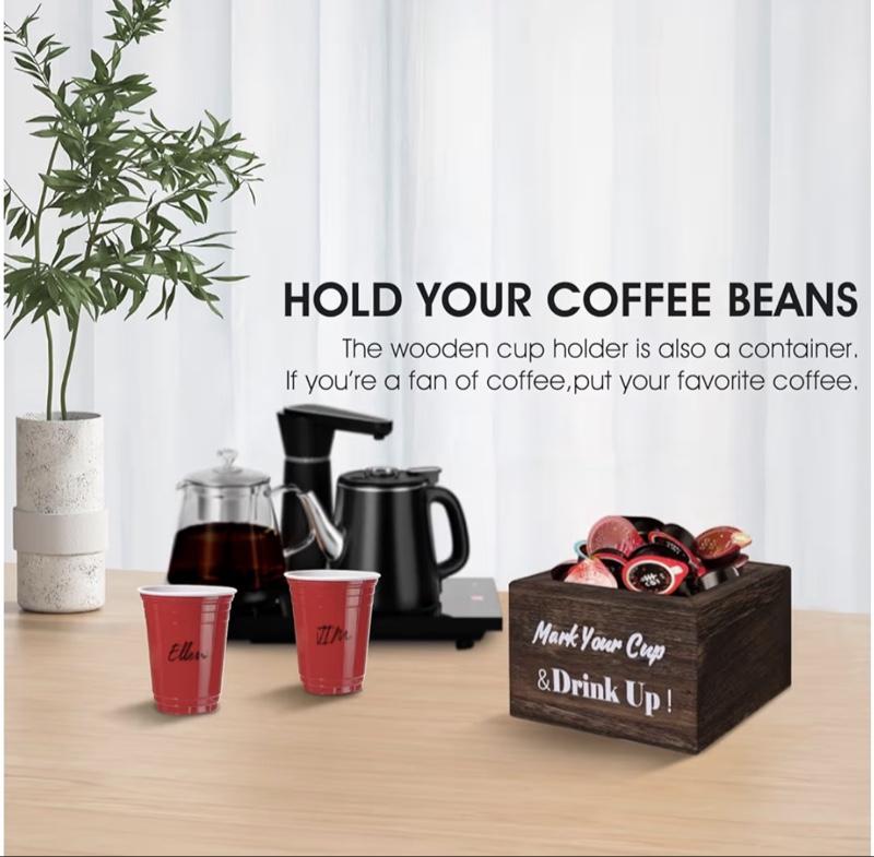 Wooden Cup Holder - Party Cup Holder with Marker Slot, for Party and Wedding, Rustic Disposable for Bar, Kitchen, Countertop, Home & Office, Brown