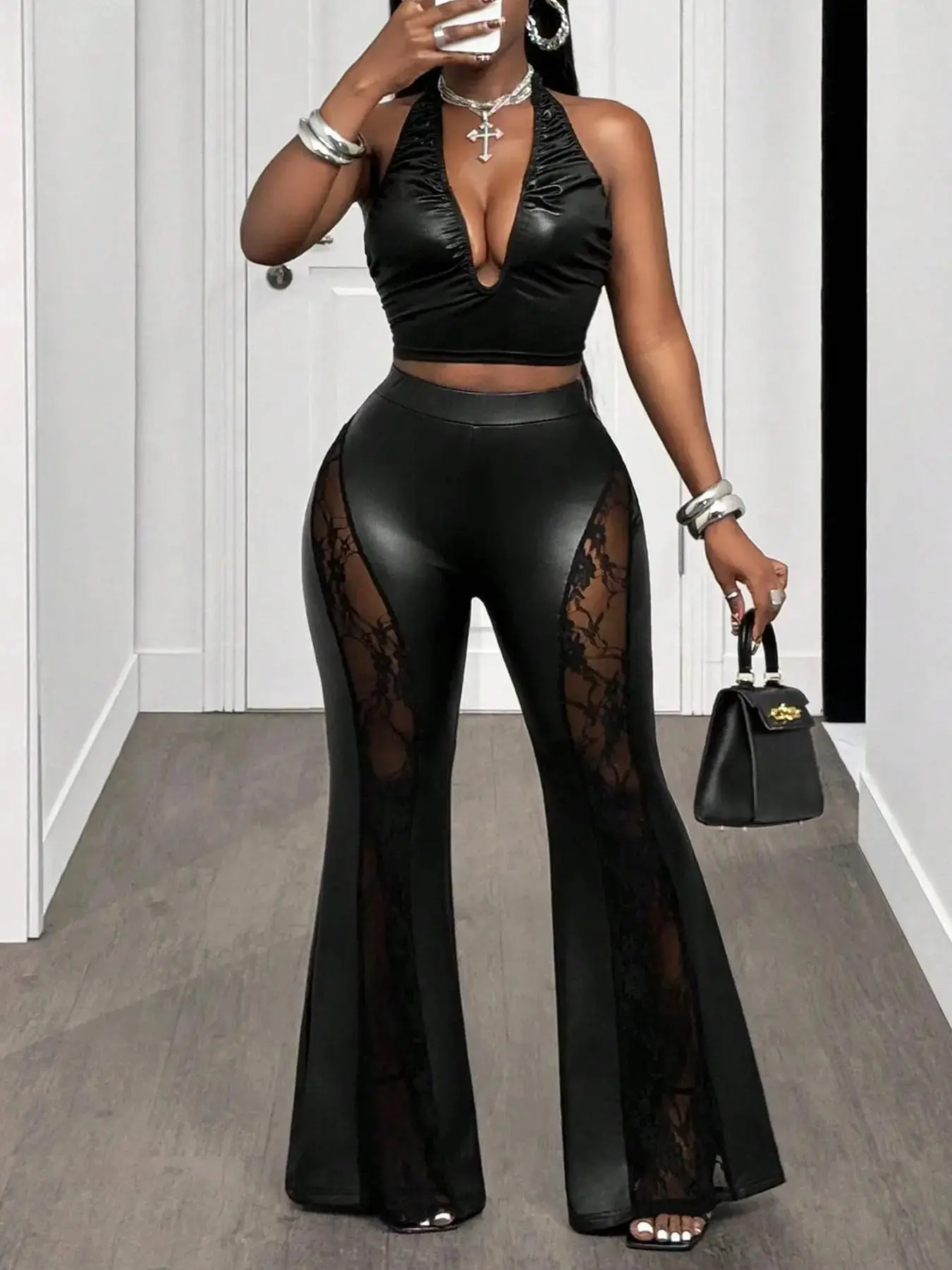 Flattering 1 Asymmetric High Waisted Lace Sheer Panel Leather Flare Pants Chic Casual Trousers Women | Stretchy Bodycon Bell Bottom | Nightclub Party Baddie Wear | Gothic Y2K Streetwear, tailored comfort, sleek line
