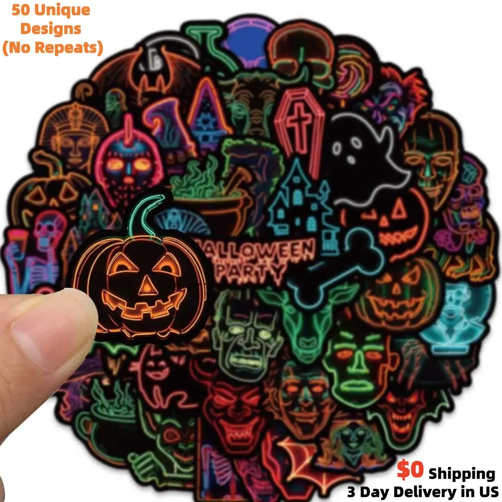 50PCS Neon Halloween Waterproof Vinyl Stickers - 4-8cm Flat Decals with Spooky Glow-Retro Vibe, Sticker Deco Accessories for Laptop, Hydro Flask - High-Quality Goth Gift for Horror Fans - Home Decor Supplies
