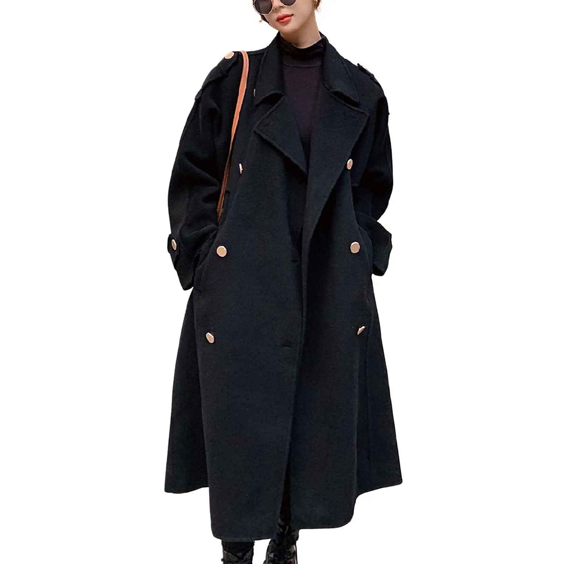 Chouyatou Women's Elegant Long Sleeve Winter Double-Breasted Midi Wool Pea Coat with Notch Lapel, Tweed Outerwear Jackets, Tops