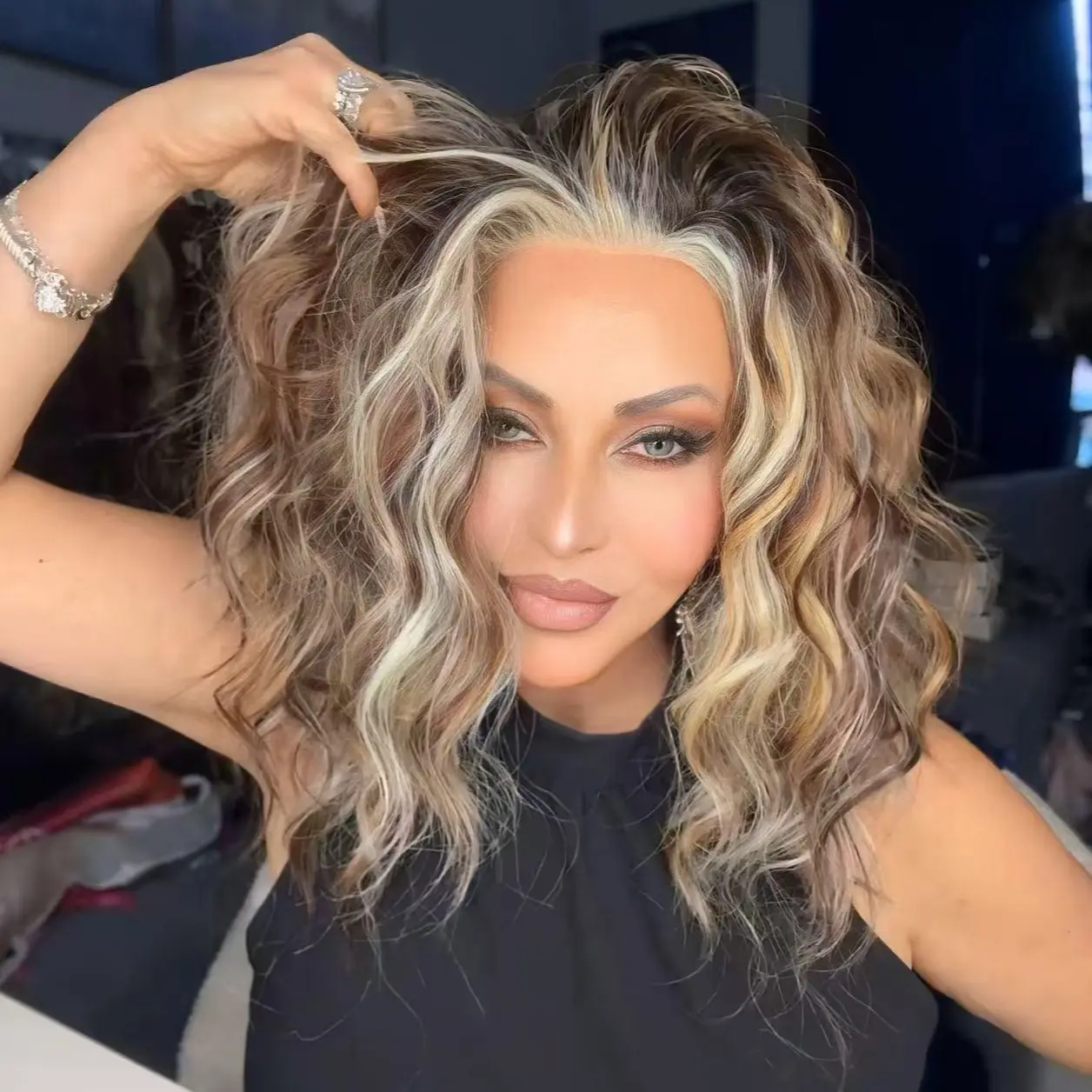IMstyle Marita Sunset Bronze Calico Auburn  Brown & Golden Blonde Highlight with Rooting Ombre Color 13*4 Glueless Lace Front Wig Free Parting  Shoulder Length Natural Wavy Curly Syntehtic Wig