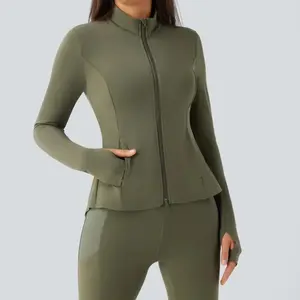 Women’s Stand Collar Yoga Jacket with Thumb Holes Buttery Soft Long Sleeve Zip Activewear Top Compression Slim Fit Quick-Dry 4-Way Stretch Fitness Jacket Outerwear Tight Fit Athletic Wear