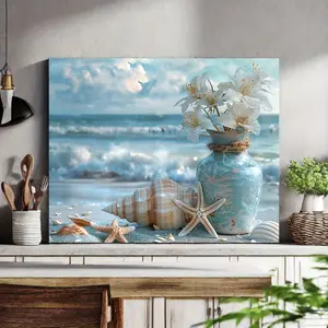Charming Beach Style Canvas Painting-Canvas Painting with Flowers, Starfish and Shells-Perfect for Living Room, Bedroom and Bathroom Decoration, 12 "X18", Seaside Style Room Decoration, perfect for Room Decoration with Edging Canvas Painting