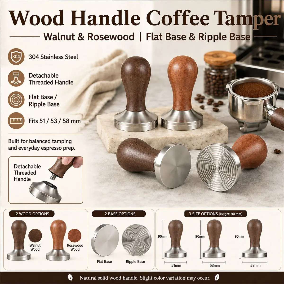 1pcs Wooden Handle Espresso Press Tamper, 51/53/58mm 304 Stainless Steel Press Tamper, Flat Bottom, Screw Thread Base, Professional Coffee Tool, Rose/Walnut Wood Handle.