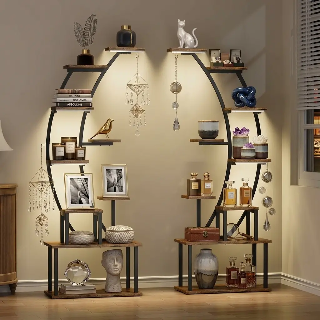 BACEKOLL 9-Tier 64" Tall Metal Corner Shelf with LED Lights - Storage Rack, Bookshelf, Display Shelves for Living Room, Bedroom Home Decor, Awards