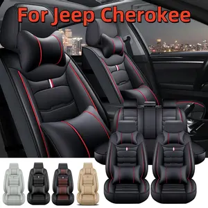 For Jeep Cherokee Car Front Rear Seat Cover Full Set Premium Napa PU Leather 5 Seat Protector Mat Breathable Cushion Pad Set with Storage Bag, with 2pcs Head Pillow and 2pcs Waist Pillow, Waterproof - Valentine's Day Gift For Lover