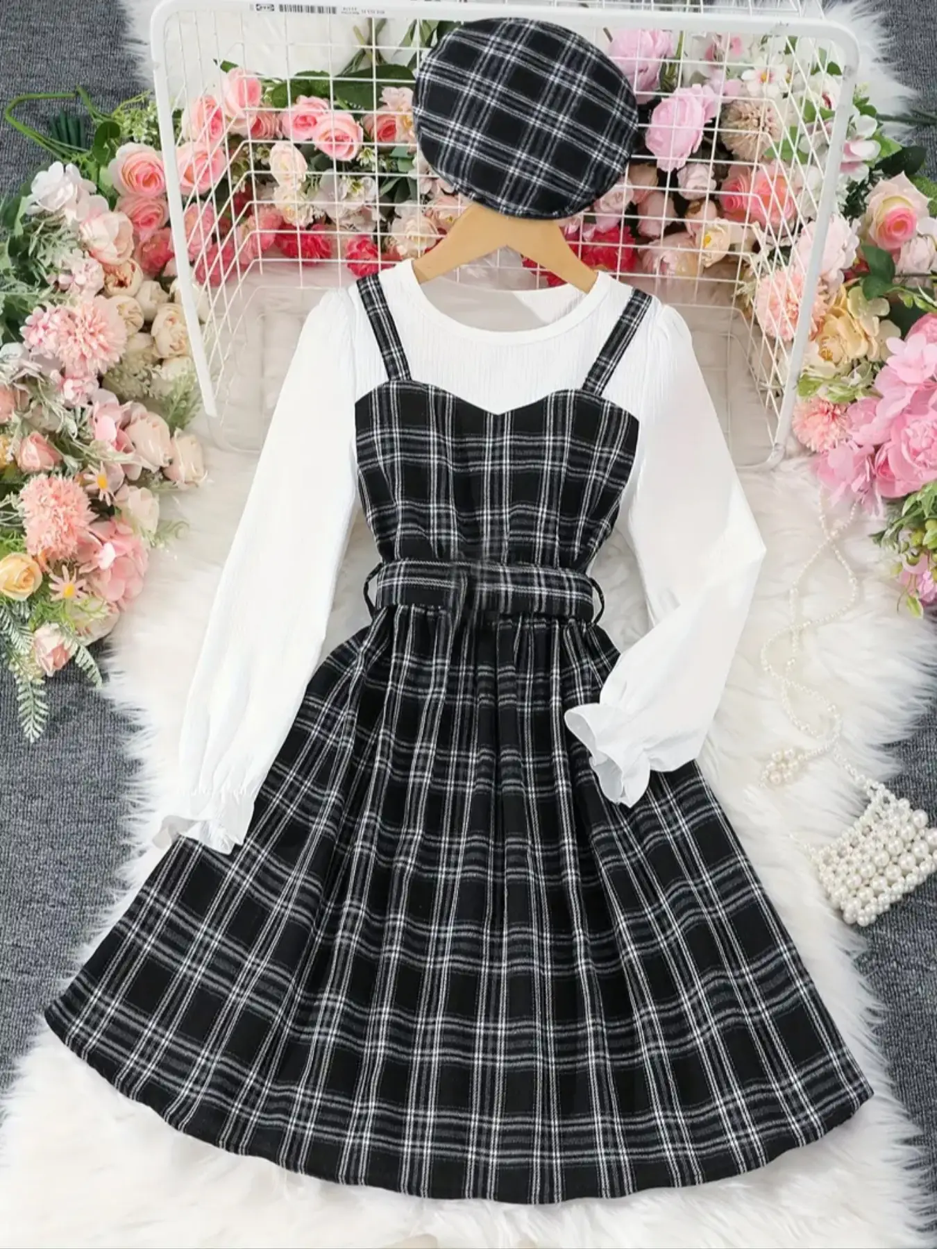 Young Girls Two-Piece Plaid Print Dress Set with Belt & Beret Hat, Fashionable Casual for Spring & Fall, Stylish Kids Clothing