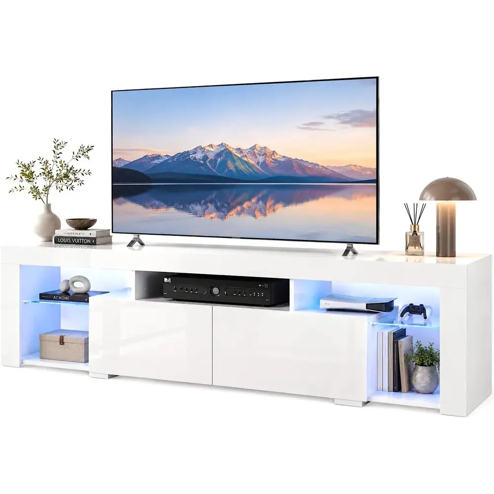 WLIVE 63-Inch Sturdy Wood TV Console Cabinet - 65-70" Screen Capacity, 110lb Load, 2 Large +12 Record Drawers, 20-Color LED, 7 Glass Shelves, Tools-Included DIY-Friendly Wood-Themed Furniture for Living Room
