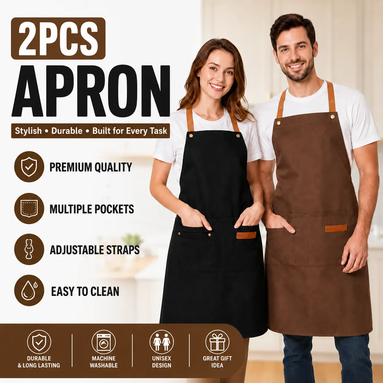 2-Piece Industrial Cotton Apron Combo, Black + Brown, Full Coverage Adjustable Stain-Resistant Machine-Washable Industrial Strength Fabric Aprons for Kitchen Cooking, Grilling Protective