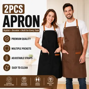 2-Piece Industrial Cotton Apron Combo, Black + Brown, Full Coverage Adjustable Stain-Resistant Machine-Washable Industrial Strength Fabric Aprons for Kitchen Cooking, Grilling