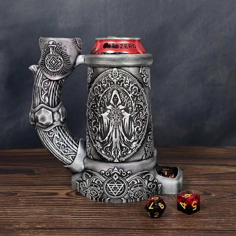 Dark Sorcerer Dice Tower Mug Can Koozie - Table Top Gaming Cup for 12 oz Cans - DND Gaming Accessory