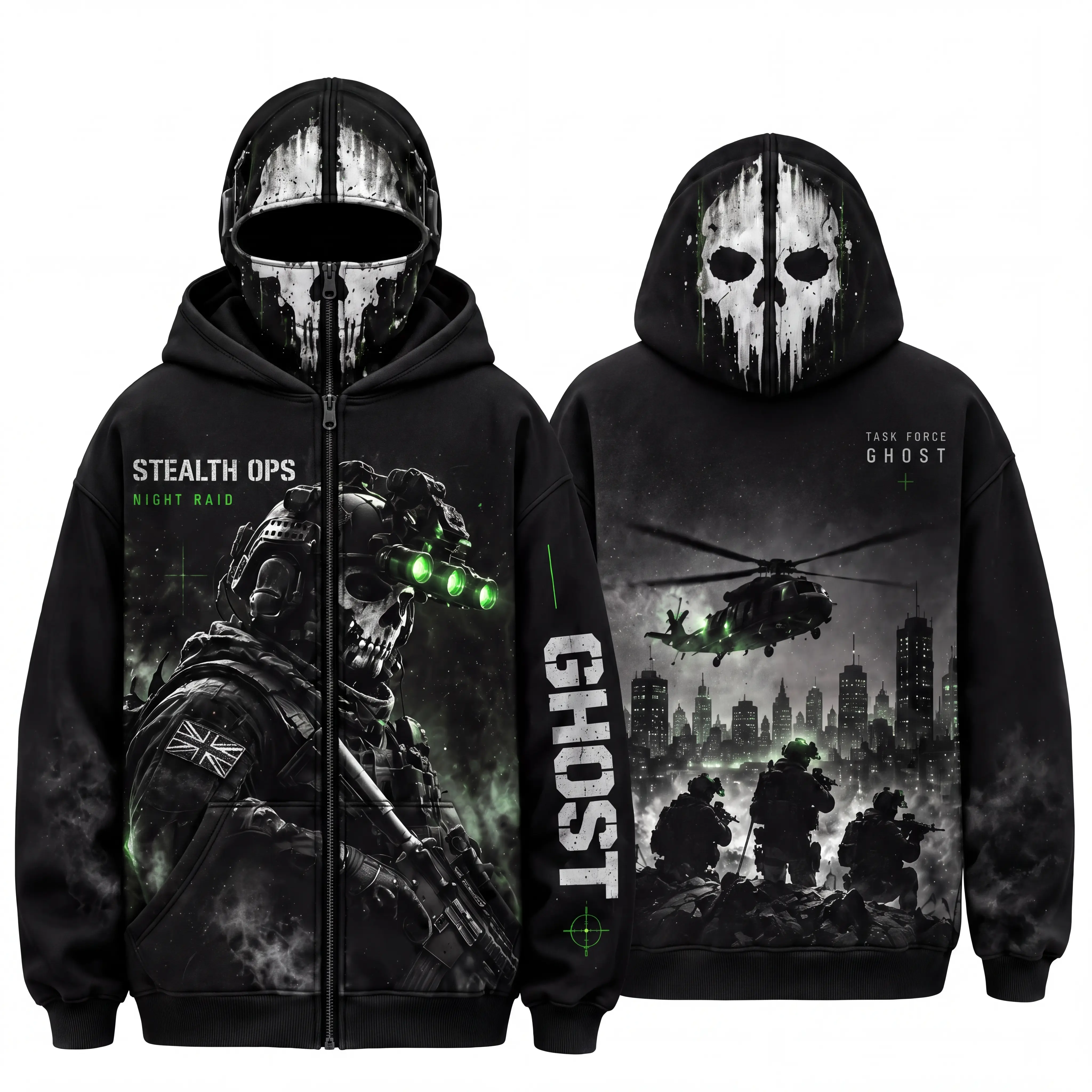 Tactical Skull Ghost Full Zip Balaclava Hoodie, Military Special Ops Graphic Zip Up Sweatshirt, Gamer Streetwear Activewear Pullover, Casual Outerwear