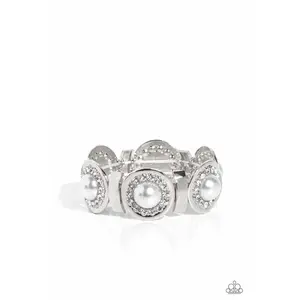 Summer Serenade - White Pearl Rhinestone Silver Stretchy Bracelet - Paparazzi - Life of the Party  June 2023