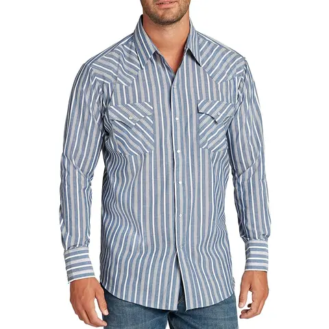 Men's Ely Cattleman Long-Sleeve Stripe Western Pearl Snap Shirt - Polyester, Casual V-Neck, Pencil Slot Pockets, Jeans-Friendly, Pearl Snap Men's Casual Shirts
