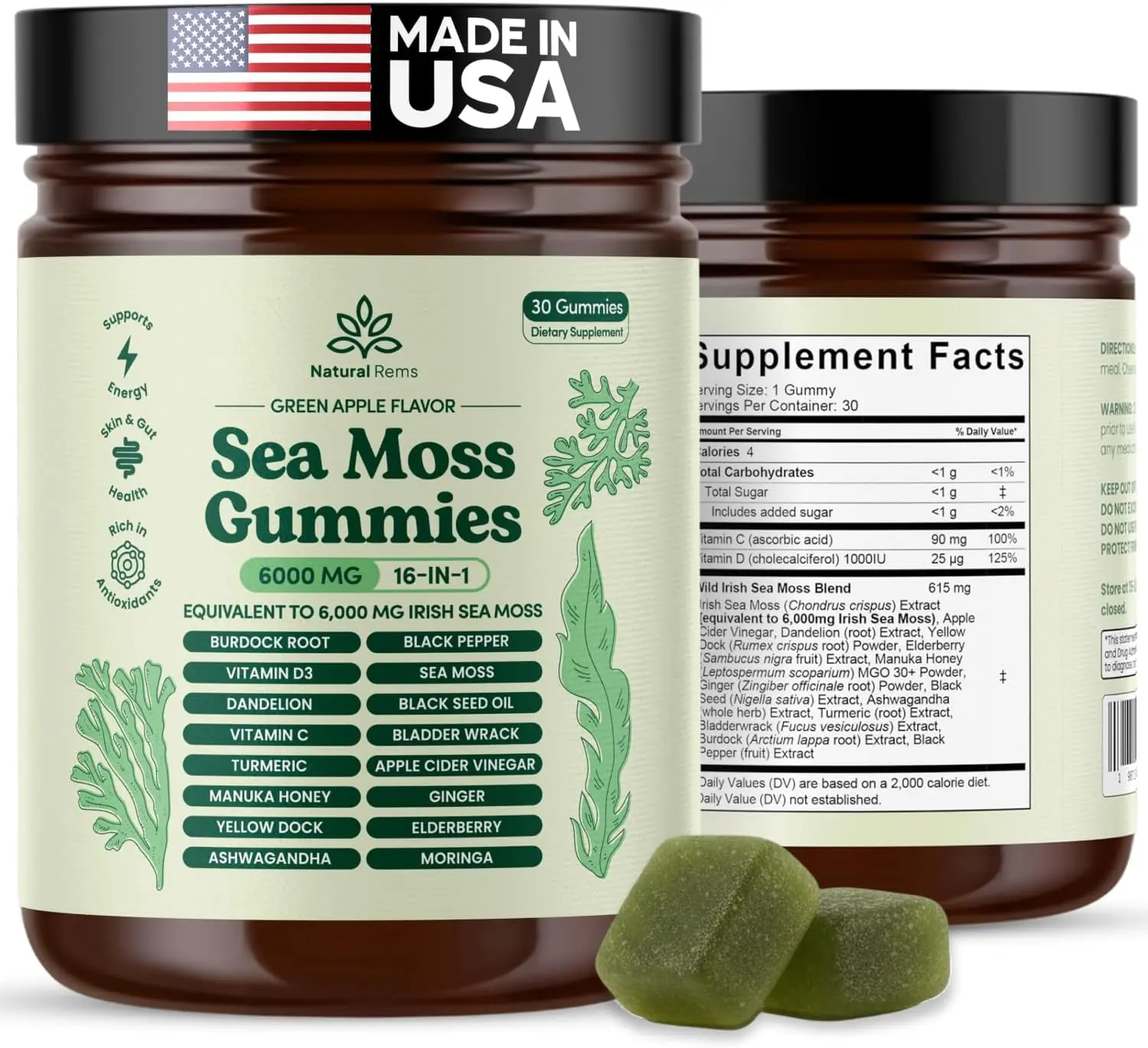 Natural Rems Sea Moss Gummies 16-in-1 - Ashwagandha Black Seed Oil Bladder Wrack Turmeric Vitamin C & D3 with Manuka Burdock Root Dandelion Yellow Dock Elderberry Apple Cider Vinegar (Green Apple)