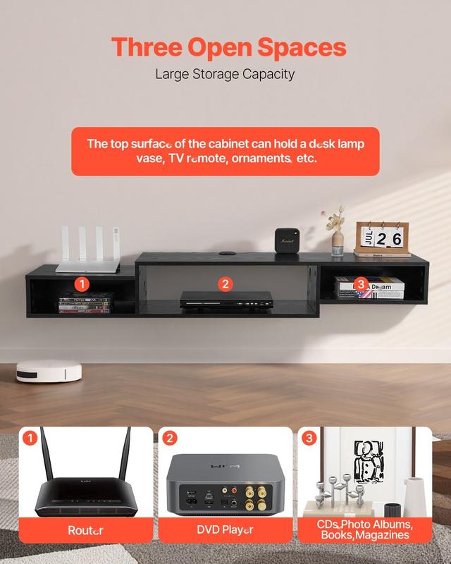 Floating TV Stand And 59-Inch Wall Mount Entertainment Center With Power Outlet And Cable Hole, Modern Floating TV Shelf With Built-In Storage Cabinet For DVD Player, Cable Box, Game Console, AV Equipment, Black