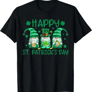 Three Gnomes Holding Shamrock Leopard Plaid St Patrick's Day T-Shirt graphic  shirts