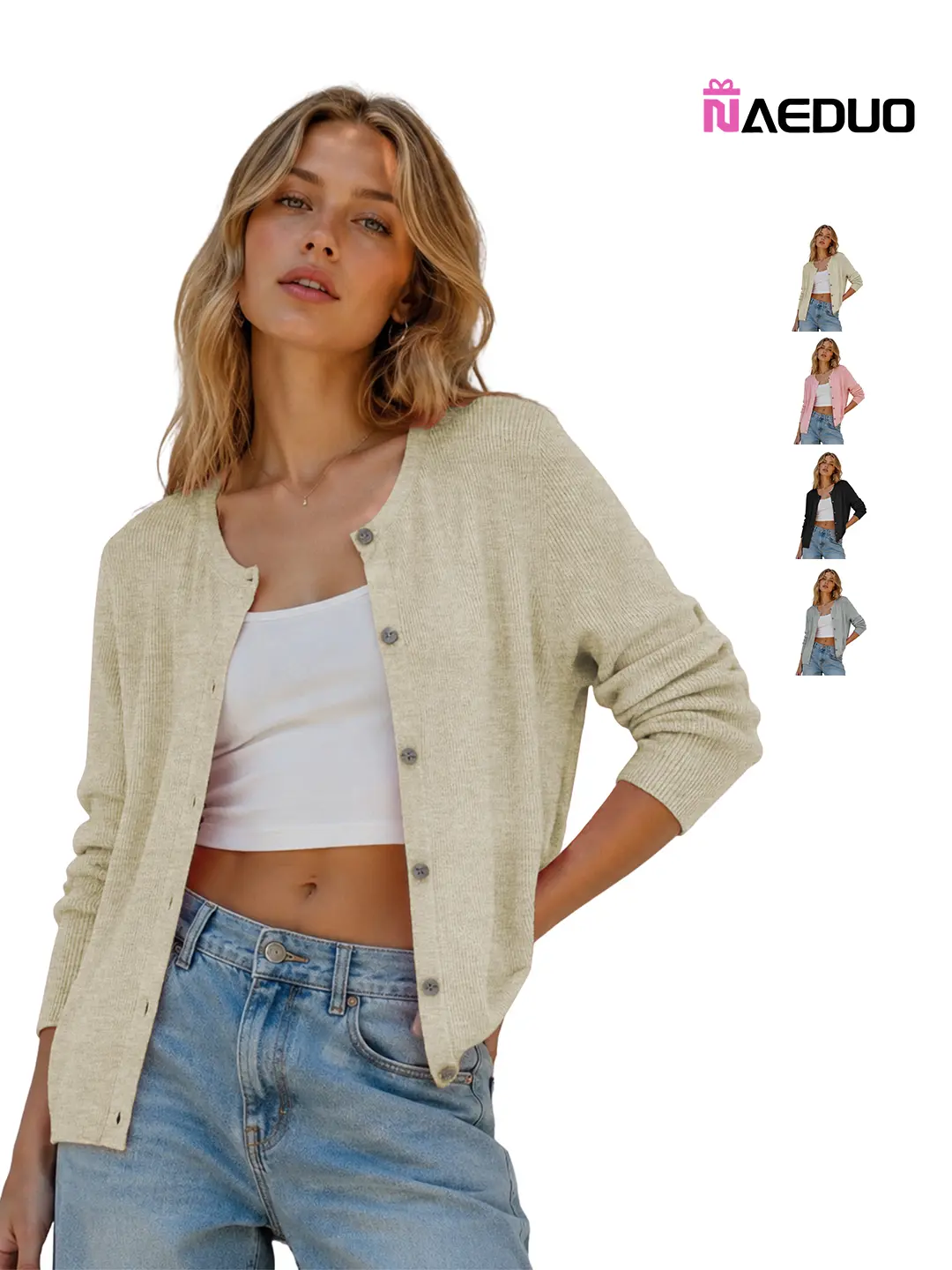 Naeduo Women's Long Sleeve Button-Front Knit Cardigan - Lightweight Open-Front Aesthetic Knitwear Layering Cover Up for Daily Work, Travel, Ideal with Outfits, Skirts, Crop Tops, Piece, Everyday, Soft
