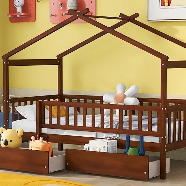 Bellemave Twin-Size Vintage Wooden House Storage Bed with 2 Headboards, 2 Drawers, Whimsical Sky Roof, Spacious Compartments, Solid Pine Wood & MDF, 79.5''L x 41.8''W x 62.9''H, 96.00 lbs, Assembly Required, Durable Bed Frame