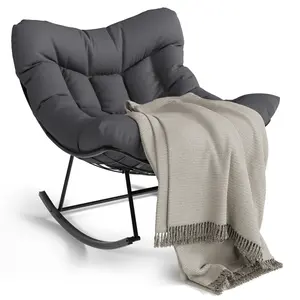 Oversized Outdoor Papasan Rocking Patio Chair - Handwoven Rattan Egg Lounge - Durable Metal Frame - Patio, Balcony, Backyard, Porch or Bedroom