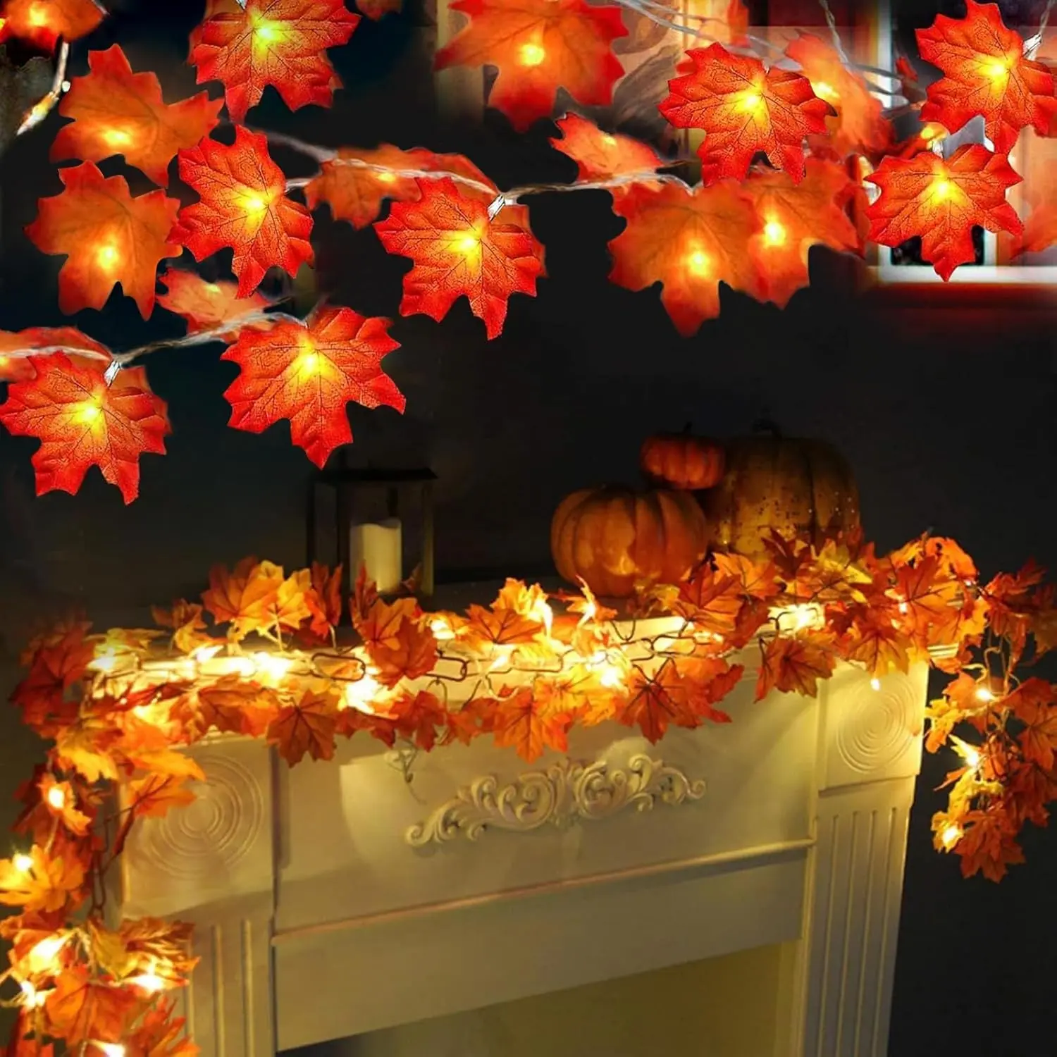 Fall Decor - 2 Pack Enlarged Maple Leaf Garland Lights, Total 20Ft 40LED (Each 10Ft 20LED), Battery Operated Waterproof Fall String Lights,  Cozy Autumn Decor for Home Mantel Indoor Outdoor Halloween Thanksgiving Harvest