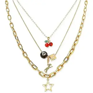LuckyJewelry B Y2K Necklaces Jewelry Gold Cherry Necklaces for Women Chunky Charm Streetwear Star 8 Ball Stackable Leopard Cheetah Dice Layered Gold Dainty Statement Chain Choker Trendy Birthday Jewelry Gifts