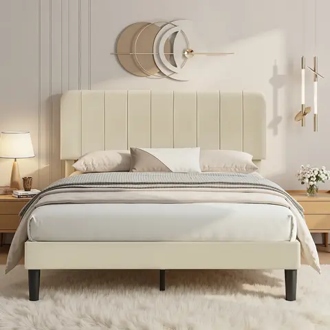 VECELO Modern Upholstered Platform Bed Frame - Rectangular Velvet Vertical Stripes, Adjustable Headboard, Multi-Size (Twin/Full/Queen), Wooden Slats, 43.7-47.63in Fit, Noise-Free, No Box Spring Needed, Easy Assembly, Modern Upholstered Bed, Queen Size Bed