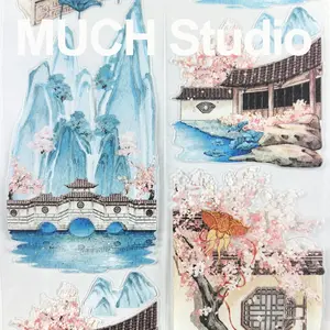1pc (6.5*100cm) Cherry Blossoms Among Blue Haze, Chinese Ancient Style Landscape & Architecture PET Tape Sticker, High-End Craftsmanship, Exquisite Pattern, Versatile and Practical, Perfect for Scrapbooking, Journal Decoration, Diaries, Notebooks, Greetin