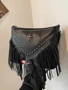 Women's Street Style Vintage Cross Design Crossbody Bag, Chic Crossbody Purse, Trendy Tassel Design Plain Color Crossbody Bag, Chic All-match Crossbody Bag for Daily & Work Use, Vintage Shoulder Bag