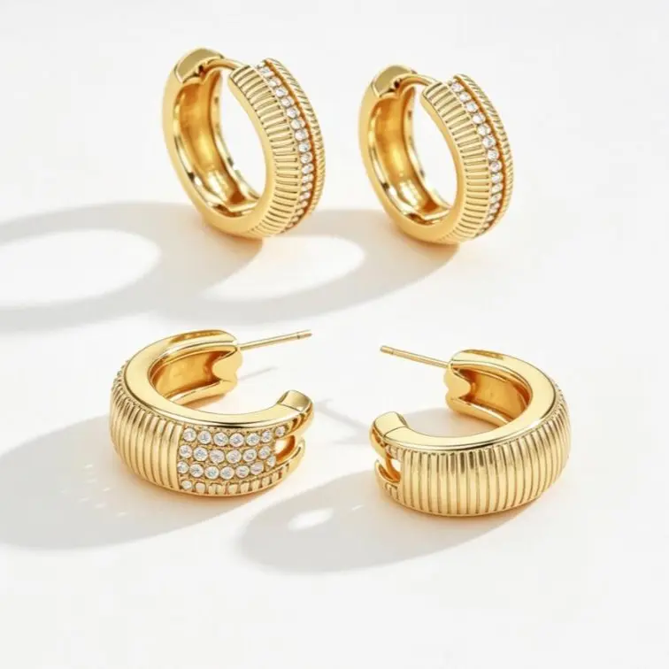UVPYRUX Women's 18K Gold Plated Shiny Cubic Zirconia Dainty Earrings Hoops, 2-Piece Set of Circular Earrings with Mixed Styles, 2026 Daily Costume Mini Gold Aesthetic Ear Buckles
