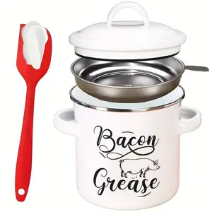 Bacon Grease Container With Strainer, 46OZ Large Enamel Grease Container, With Silicone Spatula, Farmhouse Bacon Grease Keeper, Cooking Oil Container For Kitchen Fat Storage, Dishwasher Safe