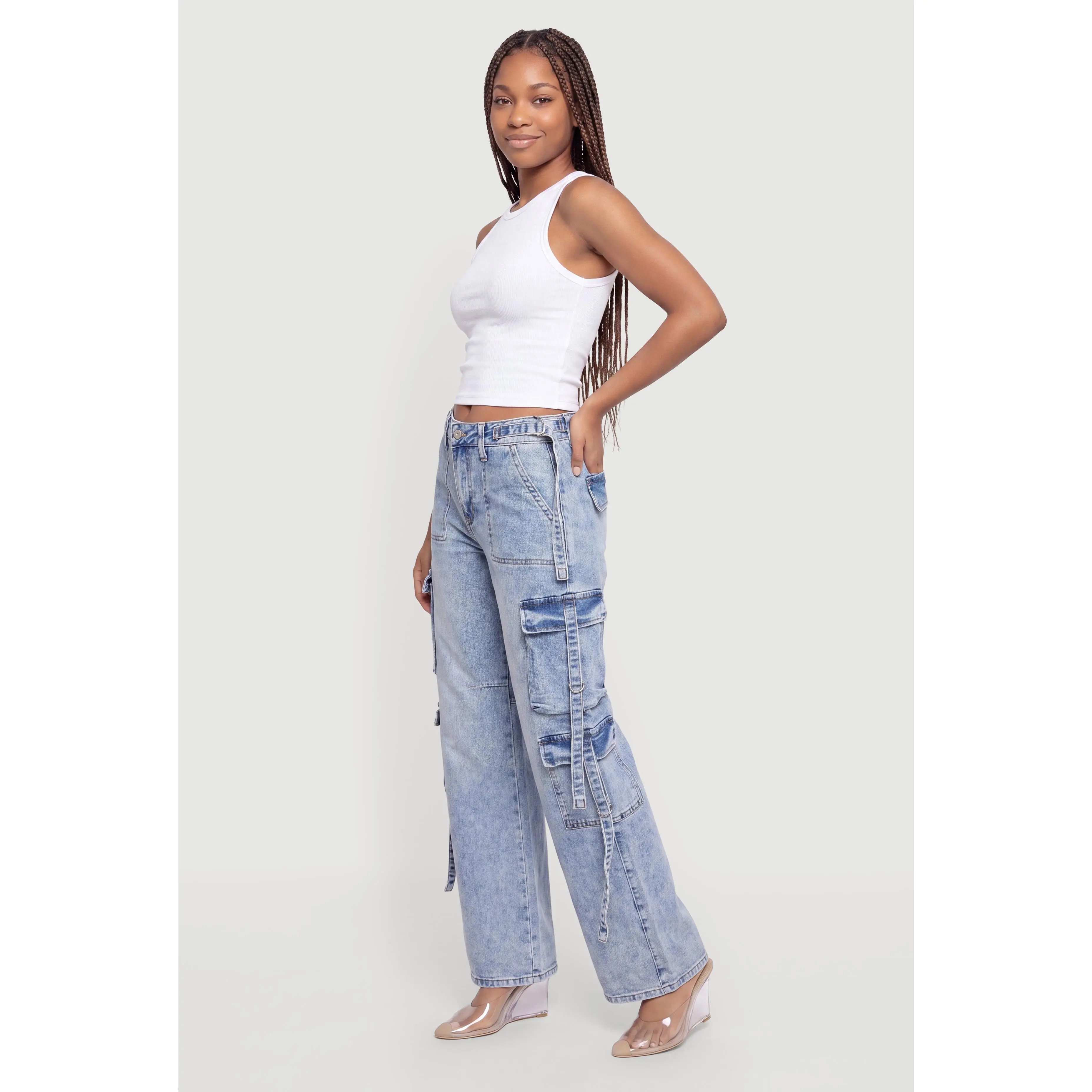 Tassel Detail Acid Wash Wide Leg Cargo Jeans