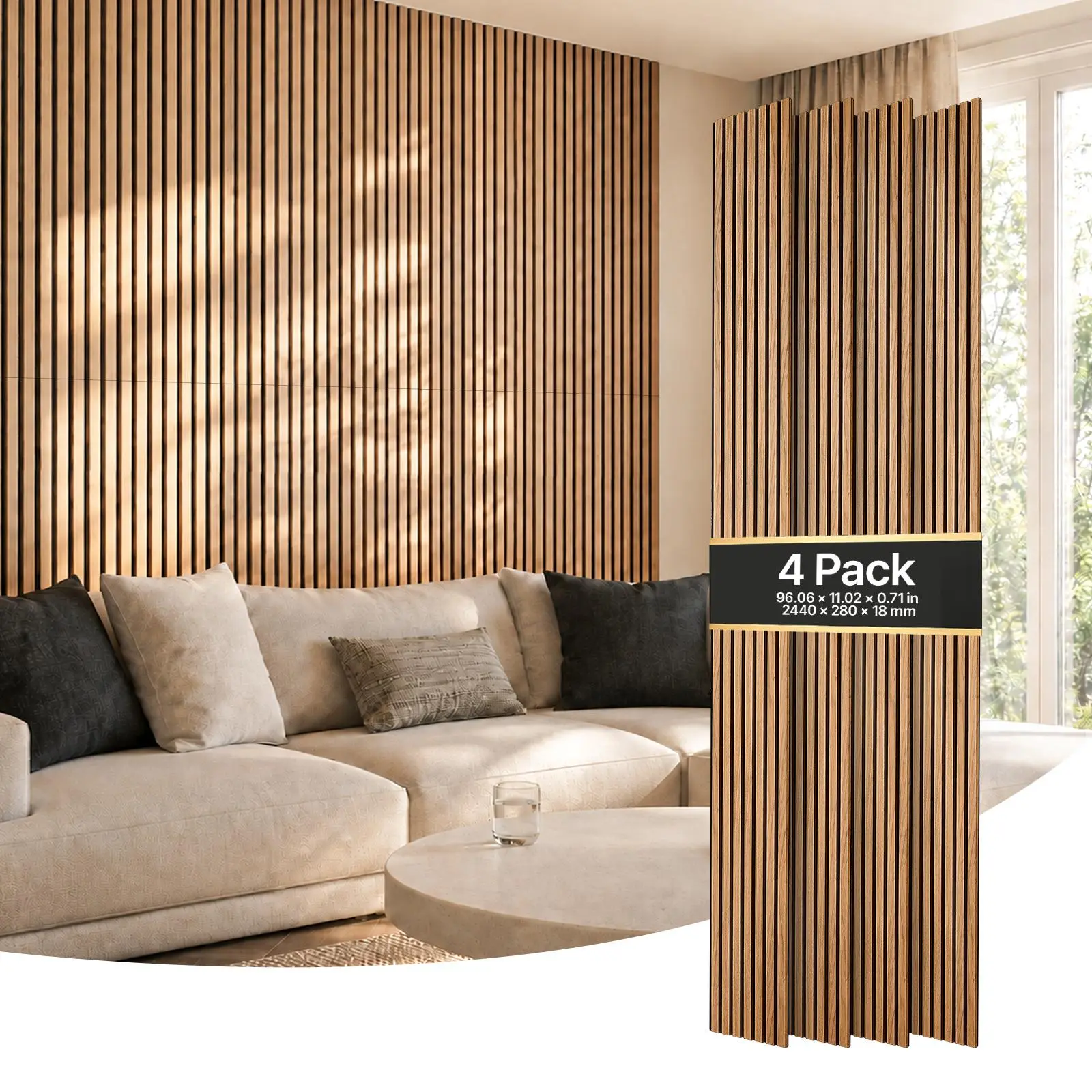 VEVOR Contemporary Slatted Wood Wall Panels, 96x11 in, 4 Pack, Acoustic Sound Absorbing, Walnut Finish, MDF & PET Construction, Screw Kit Included, for Living Rooms, Bedrooms, Interior Wall Decor#SohoChic