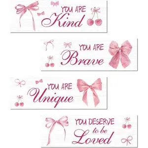 4 Pcs Pink Bow Motivational Sign Set, Positive Affirmations Wooden Coquette Artistic Wall Art Decor, Vintage Decor, Inspirational Boho Bow Decor, Perfect for Girls Bedroom, Bathroom, Living Room