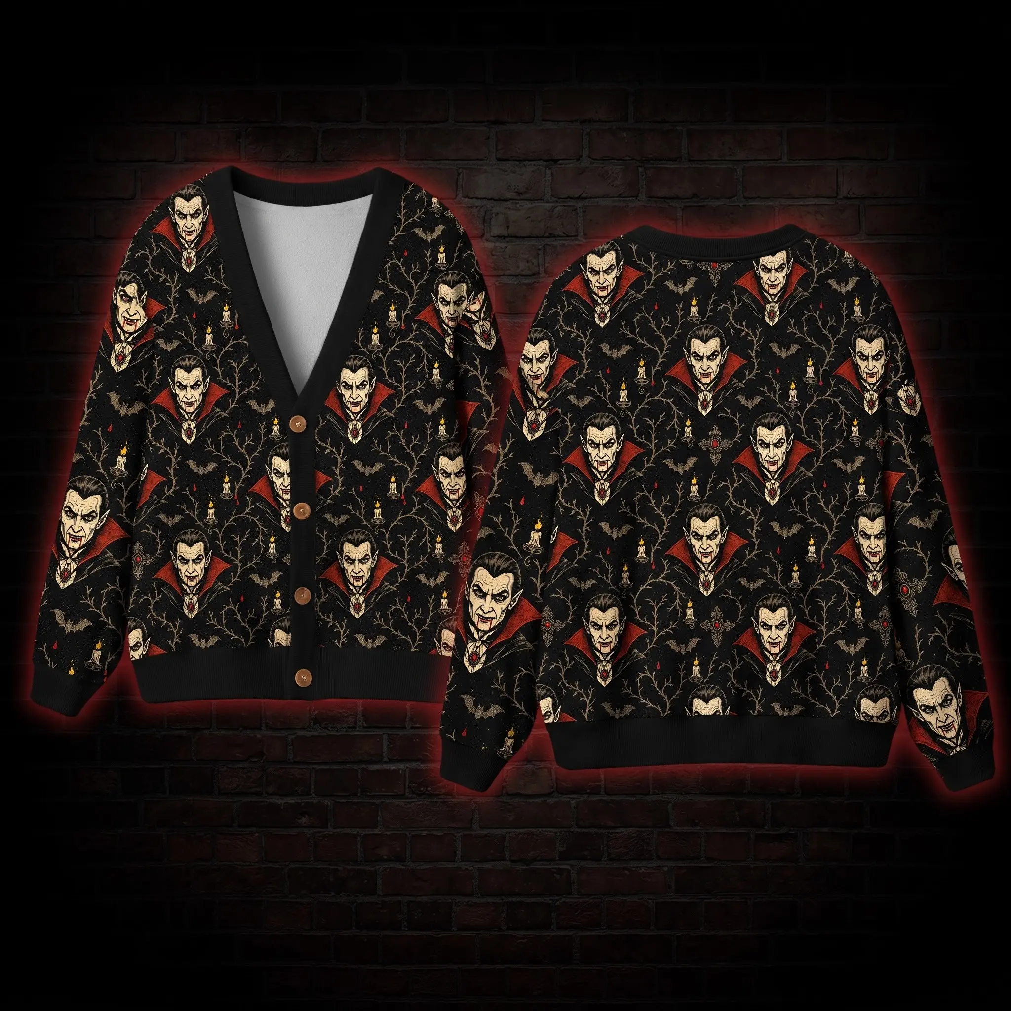 Gothic Vampire Lord Cardigan Sweater, Black Bat Candle All Over Print Button Up Sweater, Victorian Horror Halloween Alternative Streetwear