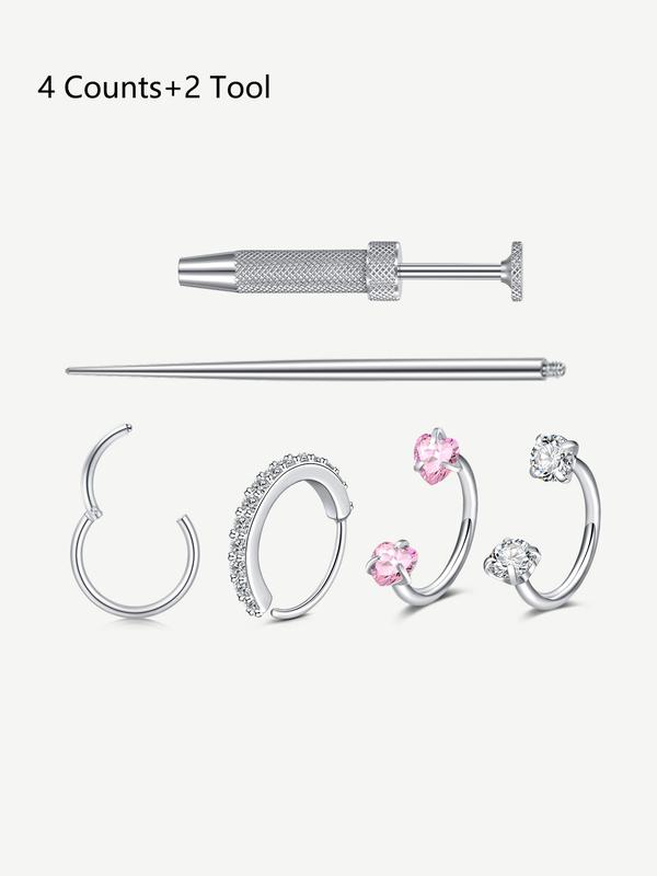 Cz Stainless Steel Nose Ring, Heart Design, 8mm Inner Threaded Hoop, Suitable for Cartilage, Tragus, Lobe, Lip Piercing Jewelry, Body Jewelry