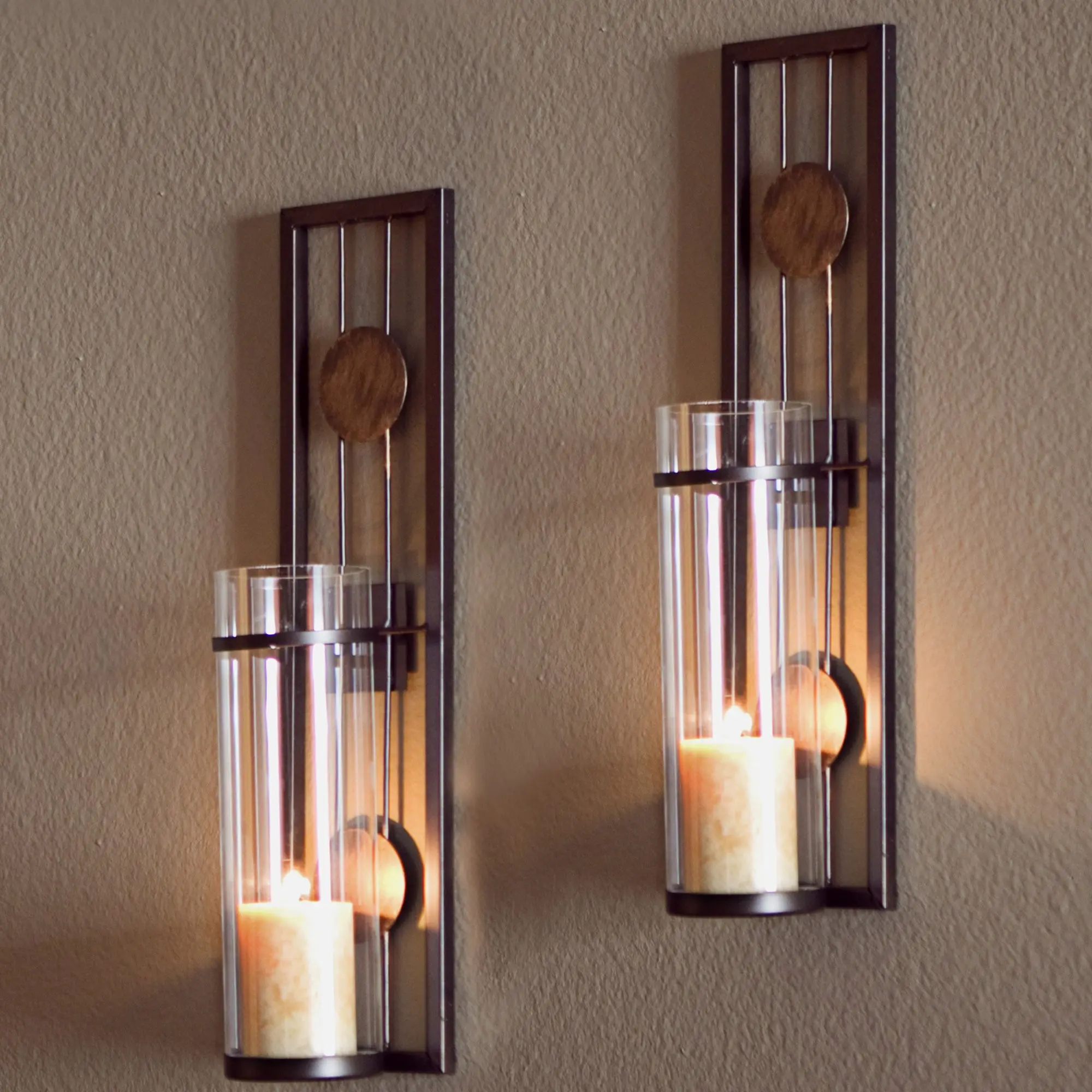 Set of Two Contemporary Metal Wall Sconces With Antique Patina Medallions