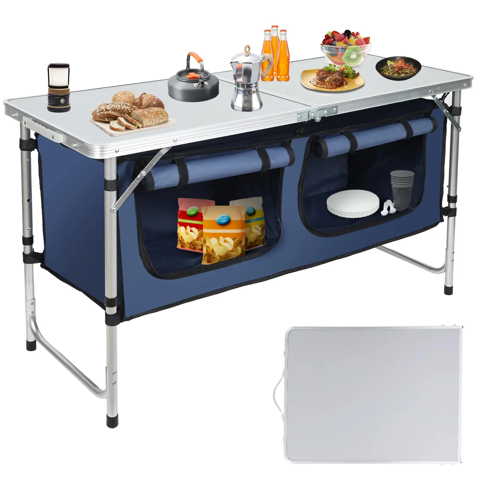 Collapsible 4ft Aluminum Alloy Camping Kitchen Table - Adjustable 3-Height Cook Station with Oxford Storage Compartment, Durable Legs, Carry Handle for Barbecues, Picnics, Outdoor Events, Foldable Legs, Portable